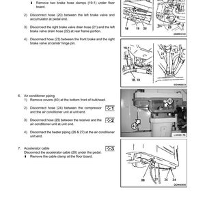 May include: Diagram of automotive disassembly and assembly instructions. The image includes detailed illustrations of brake piping, air conditioning piping, and accelerator cable connections, with numbered components and text labels.