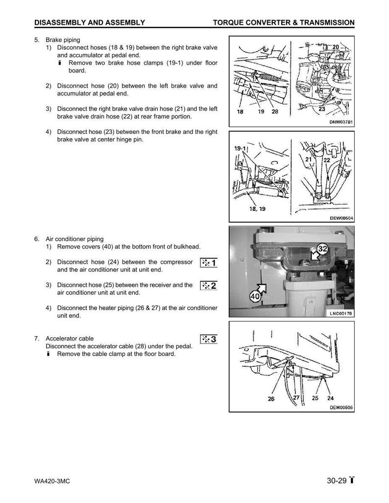 May include: Diagram of automotive disassembly and assembly instructions. The image includes detailed illustrations of brake piping, air conditioning piping, and accelerator cable connections, with numbered components and text labels.