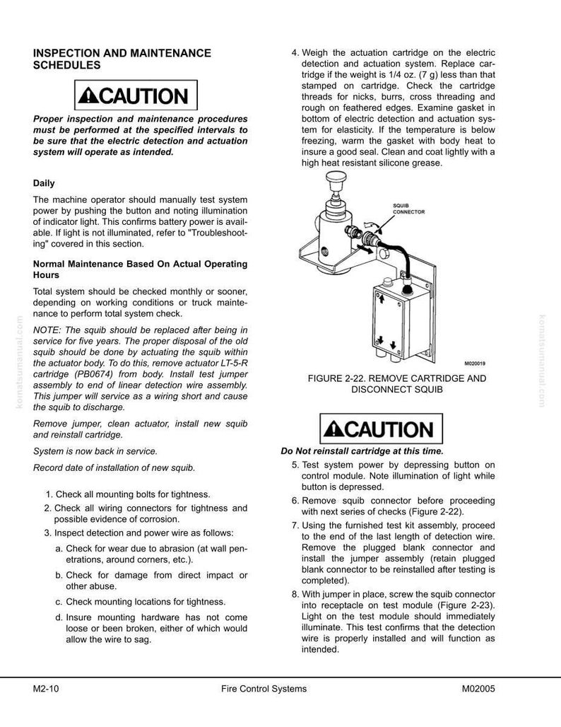 May include: A technical manual page with inspection and maintenance schedules for fire control systems. Includes diagrams of components, safety warnings, and detailed instructions for testing and maintenance procedures. Text includes "ACAUTION" and "FIGURE 2-22."