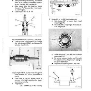 May include: Diagram of transmission assembly with labelled components, including gears, seals, and snap rings. Instructions detail the assembly process, with measurements in millimetres and air pressure in MPa.