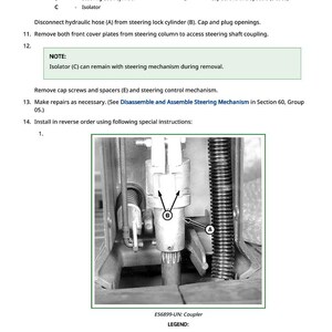 May include: Diagram of automotive steering components, including a hydraulic hose, steering lock cylinder, and isolator. The image includes labels and instructions for disassembly and assembly, with a close-up of the coupler.