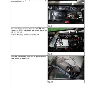May include: Diagrams showing the process of removing an air conditioner from a Cargo T955 Telehandler. The images detail steps such as unscrewing the control panel, disconnecting plug-in connections, and removing the air conditioner. Text and numbered labels are present.