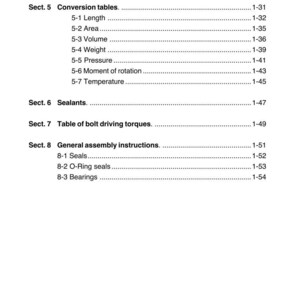 K&ouml;nnte beinhalten: Eine wei&szlig;e Seite aus einem Handbuch mit der &Uuml;berschrift "INTRODUCTION" und "CHAP.1". Die Seite listet Abschnitte zu Umrechnungstabellen, Dichtstoffen, Anzugsdrehmomenten und allgemeinen Montageanweisungen auf. Die Seitenzahlen befinden sich auf der rechten Seite.