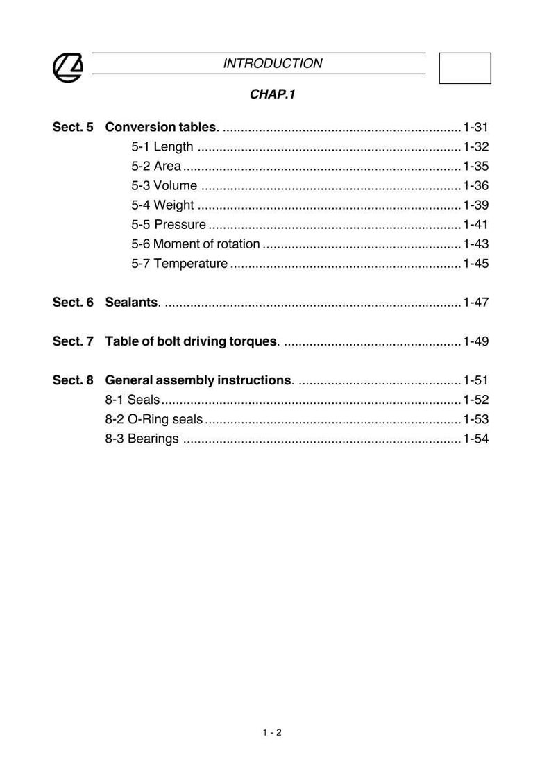 K&ouml;nnte beinhalten: Eine wei&szlig;e Seite aus einem Handbuch mit der &Uuml;berschrift "INTRODUCTION" und "CHAP.1". Die Seite listet Abschnitte zu Umrechnungstabellen, Dichtstoffen, Anzugsdrehmomenten und allgemeinen Montageanweisungen auf. Die Seitenzahlen befinden sich auf der rechten Seite.