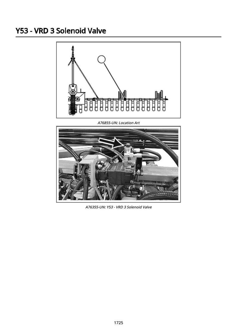 Pode incluir: Diagrama e fotografia de uma v&aacute;lvula solen&oacute;ide Y53-VRD 3. O diagrama mostra um esquema com etiquetas. A fotografia mostra a v&aacute;lvula instalada numa m&aacute;quina. O texto inclui "Y53 - VRD 3 Solenoid Valve" e "A76355-UN: Y53 - VRD 3 Solenoid Valve".