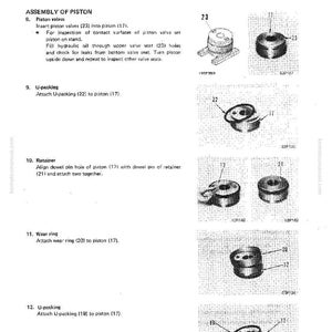 May include: Diagram of a blade lift cylinder assembly process. The image shows detailed illustrations of piston valves, U-packing, retainers, and wear rings, with labels and part numbers for each component.