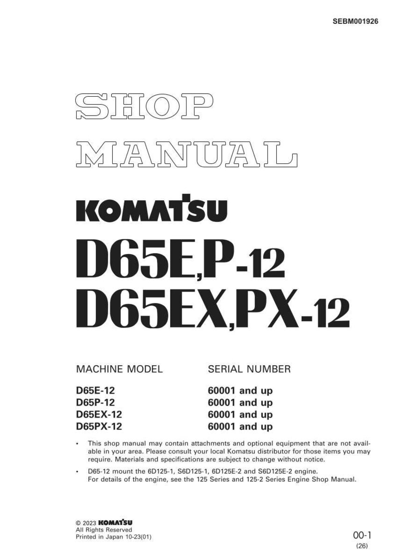 May include: A white shop manual cover with the Komatsu logo and model numbers D65EP-12 and D65EX,PX-12. The manual includes machine model and serial number information. The cover also has the text "SHOP MANUAL".