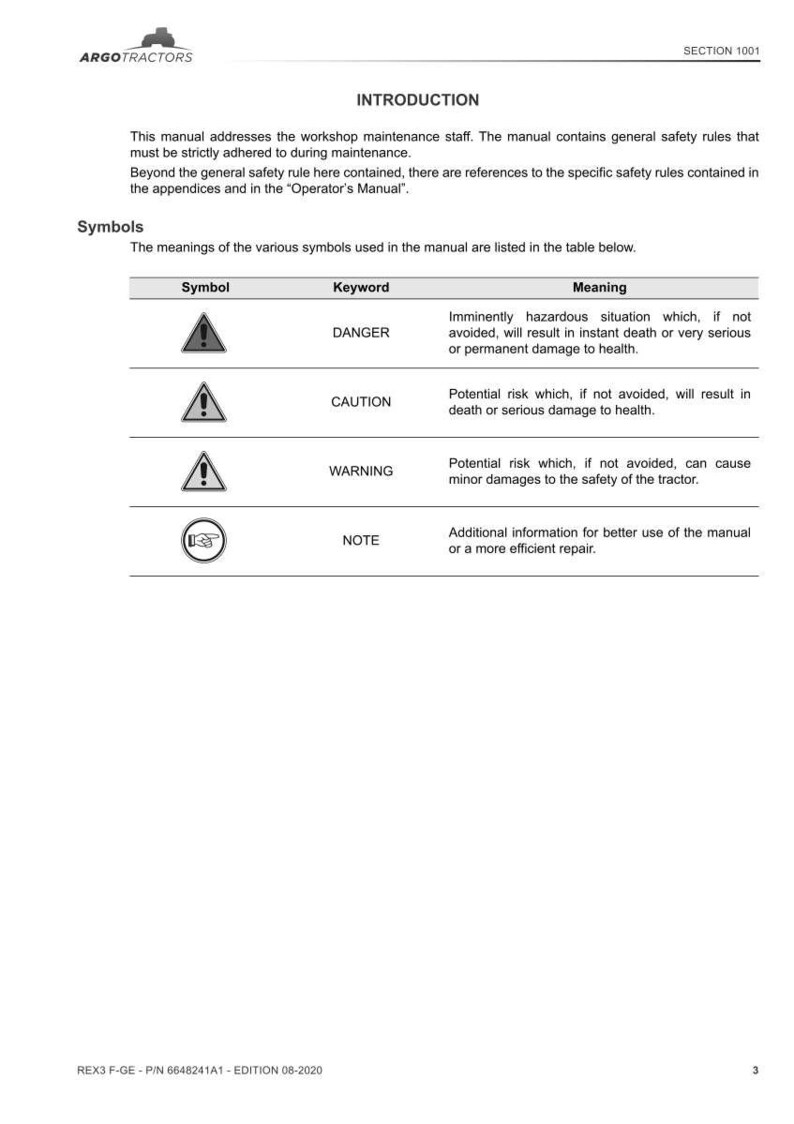 May include: A page from a manual with the ARGO TRACTORS logo and the title "INTRODUCTION". It includes safety symbols for danger, caution, and warning, with their meanings. The manual is for workshop maintenance.