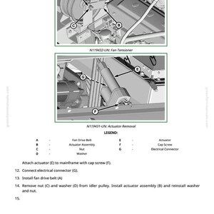 K&ouml;nnte beinhalten: Diagramm mechanischer Komponenten, einschlie&szlig;lich eines L&uuml;fterriemens, einer Aktorenbaugruppe und eines elektrischen Steckers. Das Bild enth&auml;lt Beschriftungen und Anweisungen zum Ausbau des Aktors und zur Einstellung des L&uuml;fterspanners.