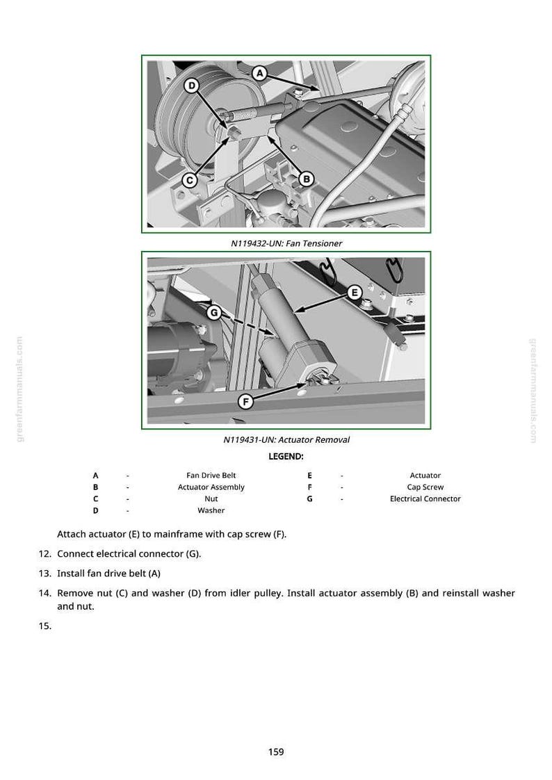 K&ouml;nnte beinhalten: Diagramm mechanischer Komponenten, einschlie&szlig;lich eines L&uuml;fterriemens, einer Aktorenbaugruppe und eines elektrischen Steckers. Das Bild enth&auml;lt Beschriftungen und Anweisungen zum Ausbau des Aktors und zur Einstellung des L&uuml;fterspanners.