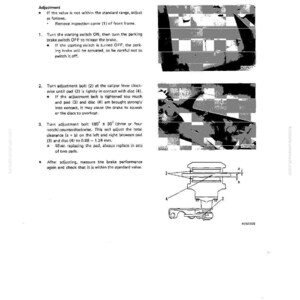 May include: A page from a manual with text and diagrams related to brake adjustment. The text includes instructions on turning switches and bolts, with measurements in millimeters. The diagrams show brake components.