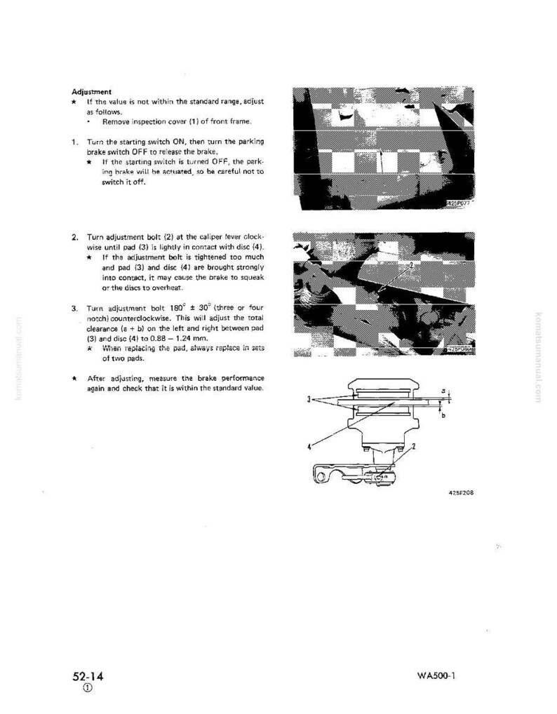 May include: A page from a manual with text and diagrams related to brake adjustment. The text includes instructions on turning switches and bolts, with measurements in millimeters. The diagrams show brake components.