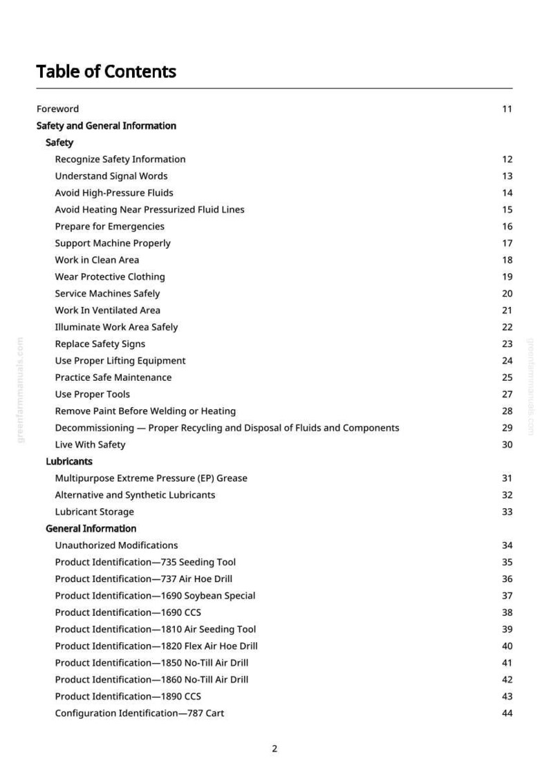 Op de afbeelding: Een witte pagina met een zwarte inhoudsopgave. De tabel bevat veiligheidsinformatie, smeermiddelen en productidentificatie voor gereedschappen zoals zaaimachines en luchtboren. Het paginanummer is 2.