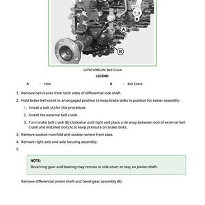 May include: Diagram illustrating the process to remove and install a differential. The image shows a detailed view of the bell crank and related components, with labels for clarity. Text instructions are included.