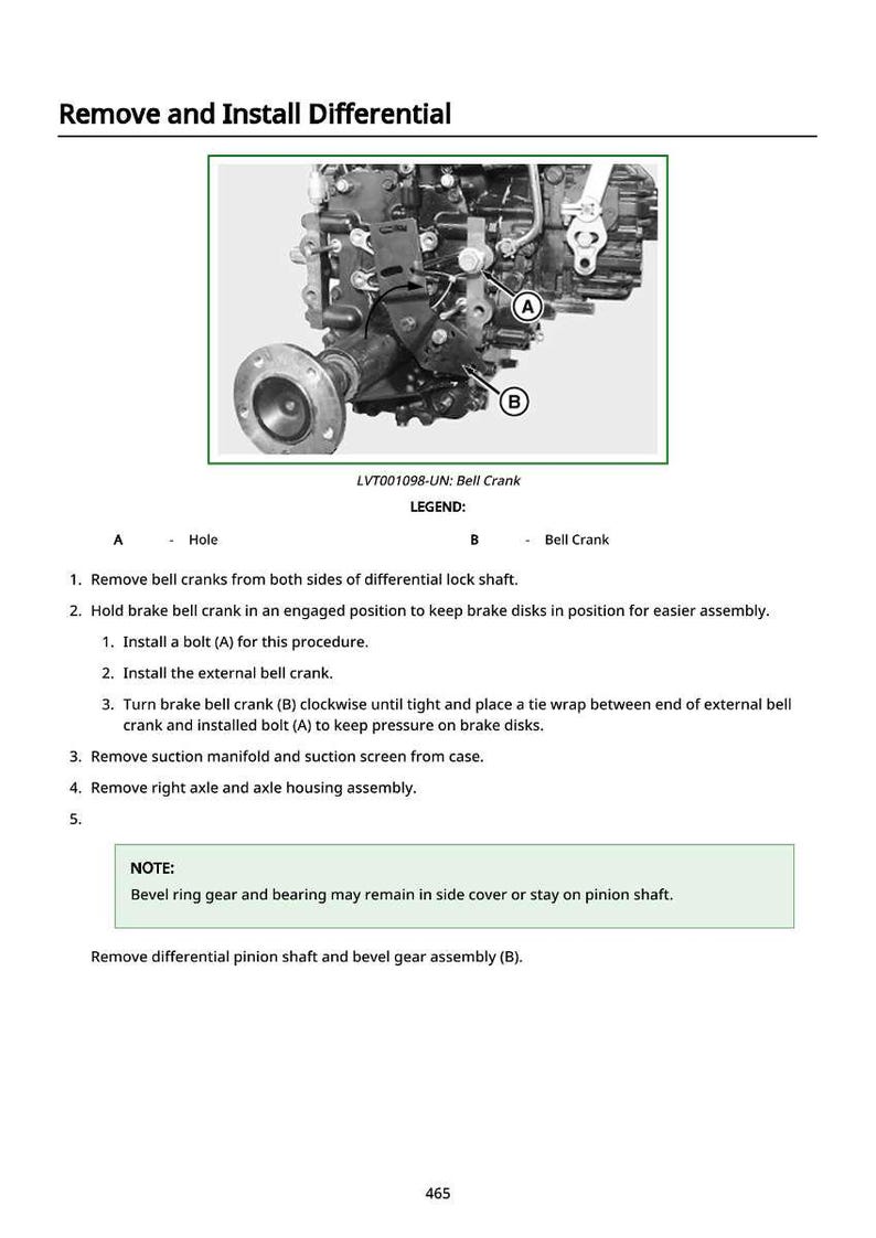 May include: Diagram illustrating the process to remove and install a differential. The image shows a detailed view of the bell crank and related components, with labels for clarity. Text instructions are included.