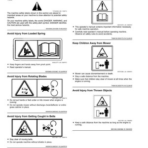 May include: A page from a manual with safety labels and warnings. The labels include symbols for hazards like rotating blades, loaded springs, and thrown objects. The text provides instructions on how to avoid injury.