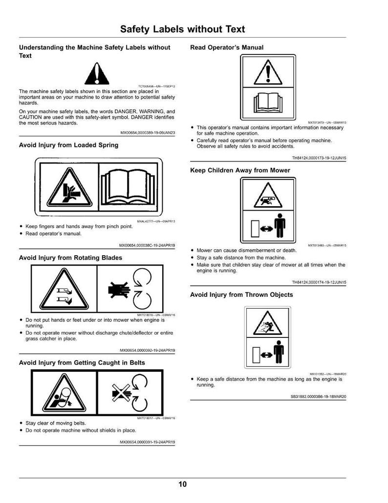May include: A page from a manual with safety labels and warnings. The labels include symbols for hazards like rotating blades, loaded springs, and thrown objects. The text provides instructions on how to avoid injury.