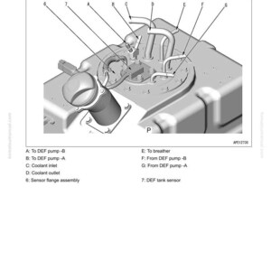 May include: Diagram of the component parts of a Urea SCR System, including a drain plug and sensor flange assembly. The image is an enlarged view with labels for various parts like coolant inlet and outlet.
