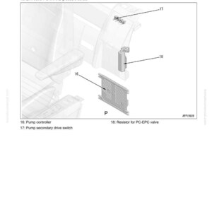 Puede incluir: Diagrama de un sistema de equipos de trabajo, con un controlador de bomba, sensores de presi&oacute;n y una resistencia para una v&aacute;lvula PC-EPC. El dibujo de dise&ntilde;o incluye etiquetas y n&uacute;meros para cada componente, con el texto "10 STRUCTURE AND FUNCTION" en la parte superior.