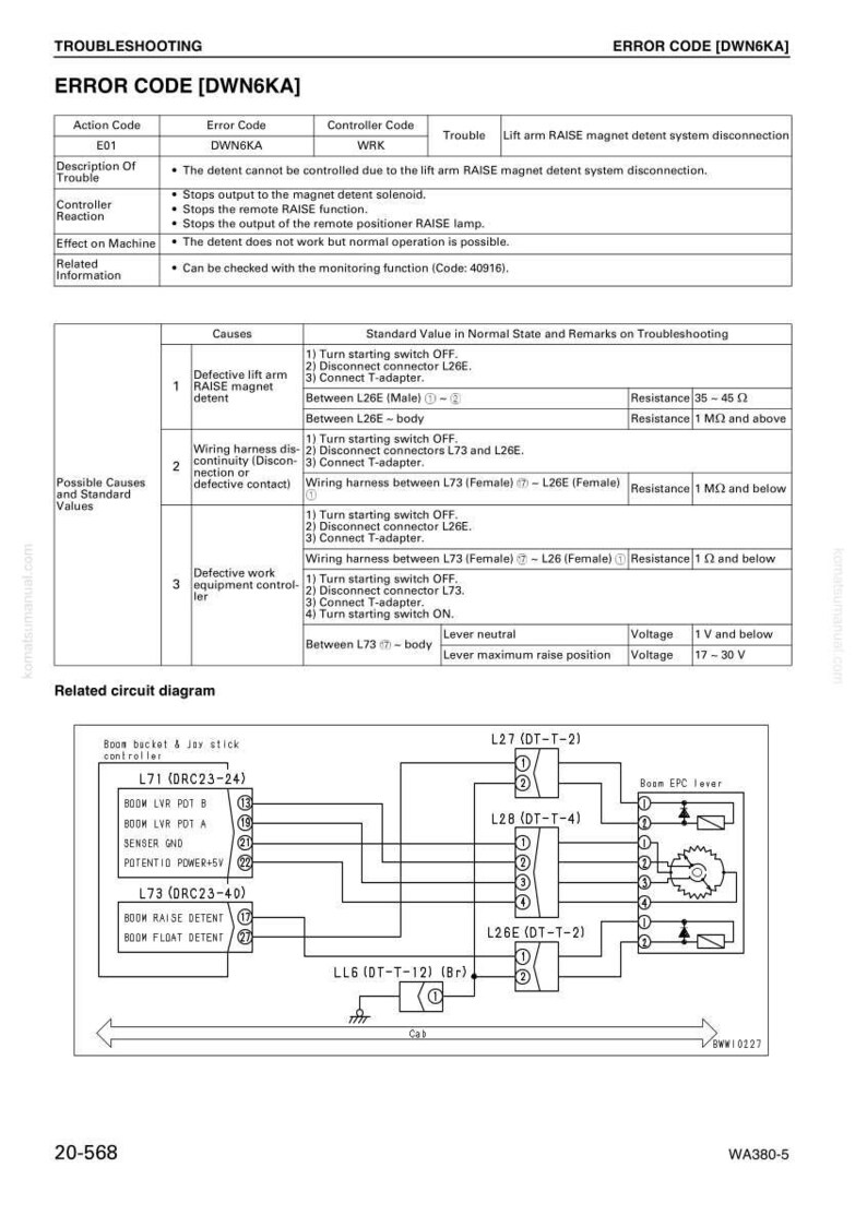 K&ouml;nnte beinhalten: Fehlerbehebungshandbuch f&uuml;r den Fehlercode DWN6KA, das Ursachen und Standardwerte detailliert. Enth&auml;lt ein zugeh&ouml;riges Schaltbild mit Beschriftungen f&uuml;r Komponenten wie L71, L73 und L27. Das Dokument stammt von komatsumanual.com.