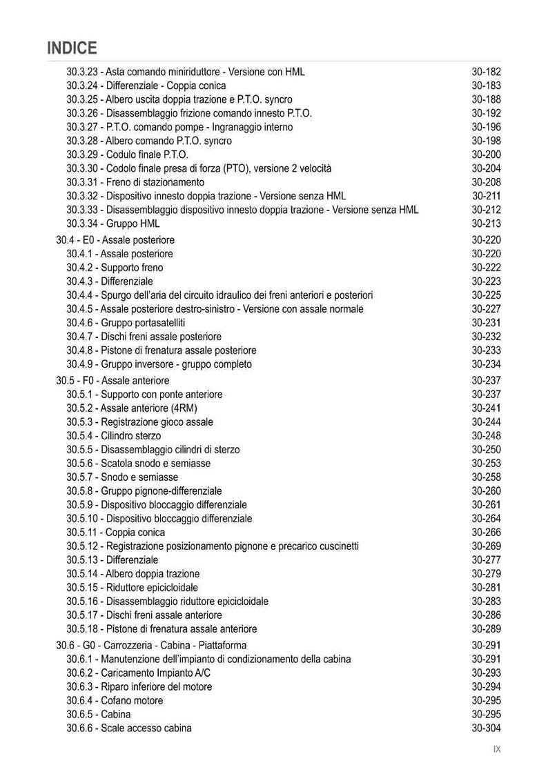 K&ouml;nnte beinhalten: Ein italienisches Inhaltsverzeichnis, "INDICE", mit mechanischen Komponenten und Seitenzahlen. Der Text ist schwarz auf wei&szlig;em Hintergrund, typisch f&uuml;r technische Dokumentation. Begriffe wie 'Differenzial' sind enthalten.
