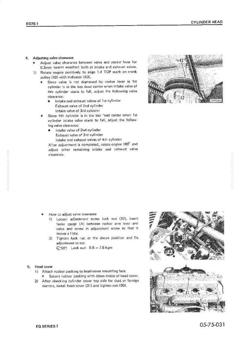 K&ouml;nnte beinhalten: Diagramm zur Zylinderkopfeinstellung, einschlie&szlig;lich Ventilspiel. Enth&auml;lt Abbildungen von Motorkomponenten, Messungen in Millimetern und Drehmomentangaben in kgm.