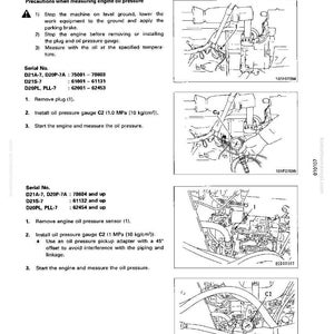 May include: Diagram illustrating the process of measuring engine oil pressure, with detailed instructions and diagrams. Includes serial numbers and steps for removing and installing gauges. The image is in black and white.
