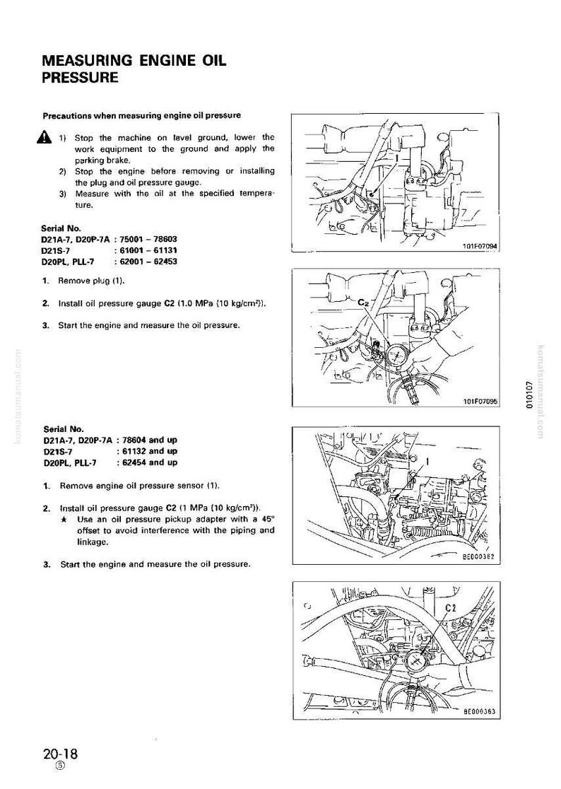 May include: Diagram illustrating the process of measuring engine oil pressure, with detailed instructions and diagrams. Includes serial numbers and steps for removing and installing gauges. The image is in black and white.