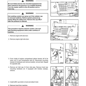 May include: Diagram illustrating radiator removal steps with safety warnings. Instructions detail removing engine doors, relieving tension, and removing the air inlet cap. The image also includes diagrams of the cooling system and the text "COOLING".