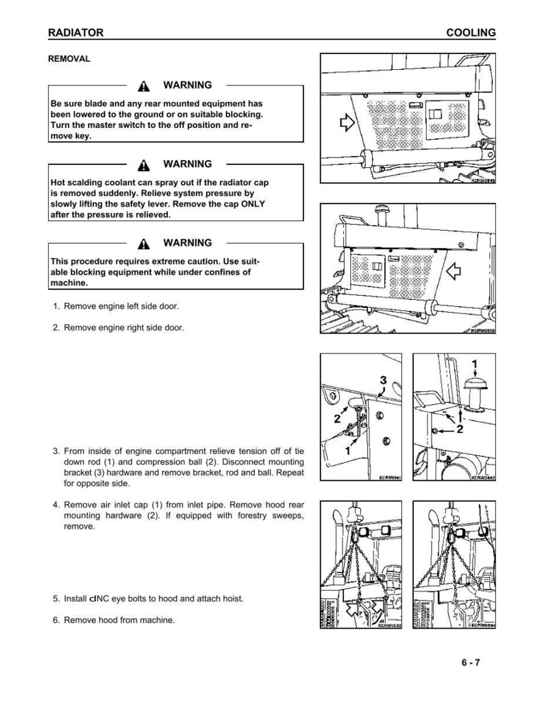 May include: Diagram illustrating radiator removal steps with safety warnings. Instructions detail removing engine doors, relieving tension, and removing the air inlet cap. The image also includes diagrams of the cooling system and the text "COOLING".