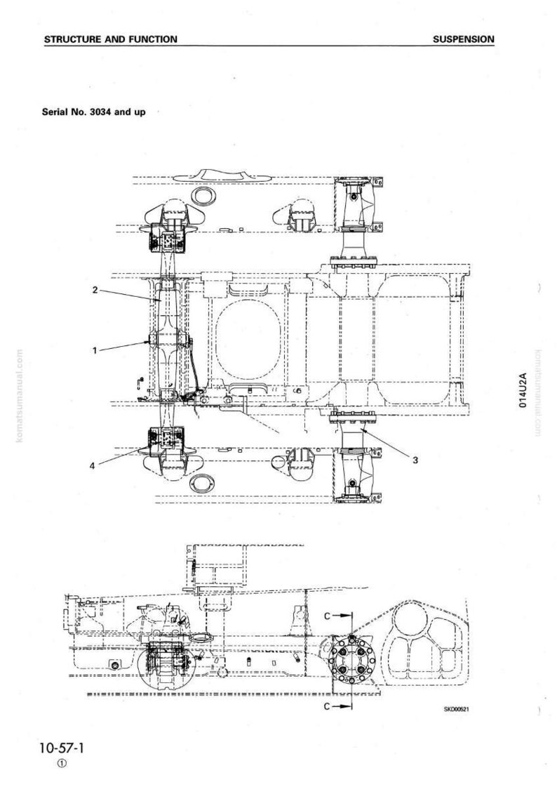 May include: Technical diagram of a suspension system, labeled "Structure and Function" and "Suspension." The diagram includes detailed mechanical drawings with numbered components and annotations. The text "Serial No. 3034 and up" is also present.