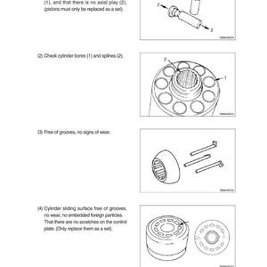 May include: Technical diagram with four illustrations of mechanical components. The images are black and white line drawings, showing parts like pistons, cylinder bores, and splines. The text provides inspection hints for these parts.