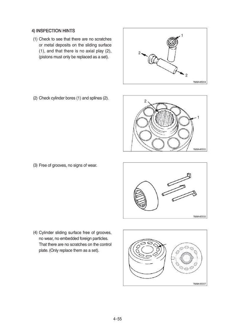 May include: Technical diagram with four illustrations of mechanical components. The images are black and white line drawings, showing parts like pistons, cylinder bores, and splines. The text provides inspection hints for these parts.