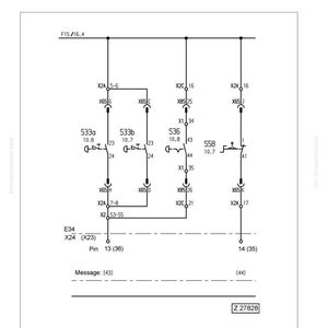 May include: A circuit diagram related to trouble message -44-. The diagram includes various components labeled with alphanumeric codes, such as X2A, X65, and S33a. The diagram also includes the text "Pin 13 (36)" and "Message: [43]"