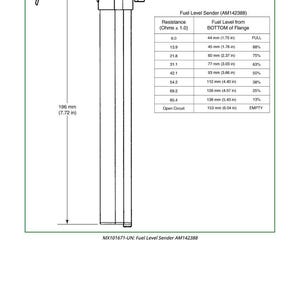 May include: Diagram of a fuel level sender (AM142388) with measurements in inches and millimeters. Includes a table showing resistance and fuel level from the bottom of the flange.