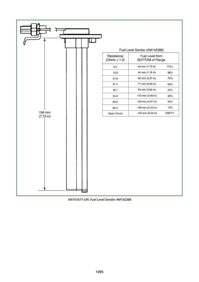 May include: Diagram of a fuel level sender (AM142388) with measurements in inches and millimeters. Includes a table showing resistance and fuel level from the bottom of the flange.
