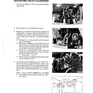 Pu&ograve; includere: Un diagramma tecnico da un manuale intitolato "Regolazione del gioco valvole". La pagina include istruzioni testuali e diagrammi dei componenti del motore. I diagrammi mostrano parti del motore e misure in Nm e kgm.