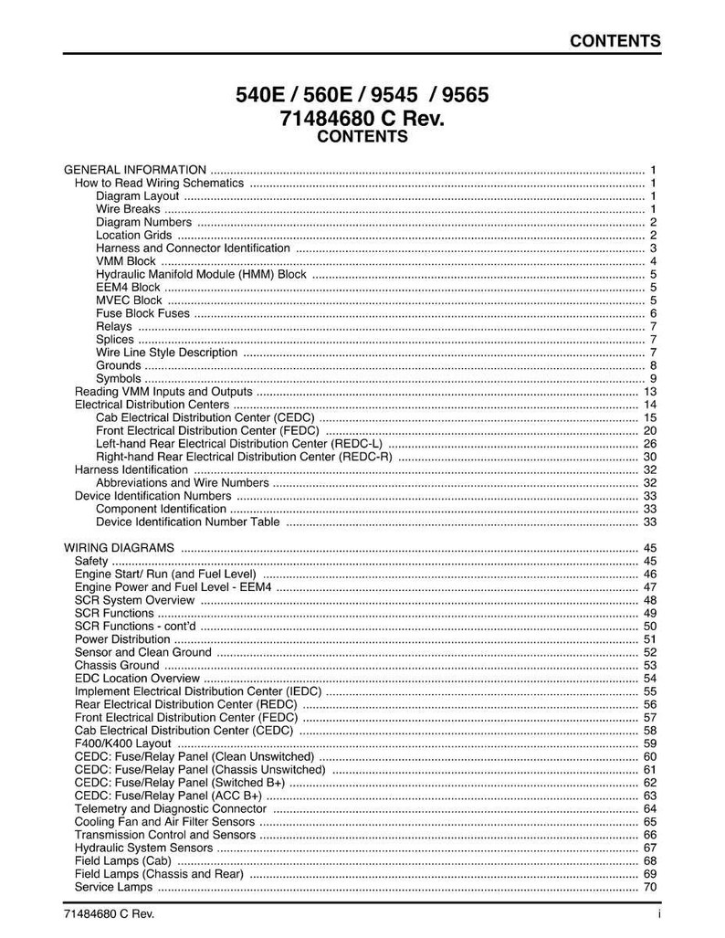 May include: A detailed table of contents from a manual, with the title "540E / 560E / 9545 / 9565 71484680 C Rev. CONTENTS". The document is organized with sections on wiring diagrams and general information.