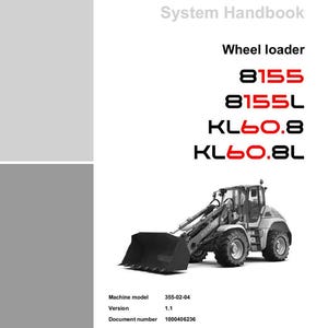 May include: A white and gray System Handbook cover with the Kramer logo and the text "on the safe side." The handbook lists wheel loader models 8155, 8155L, KL60.8, and KL60.8L. A grayscale image of a wheel loader is also present.