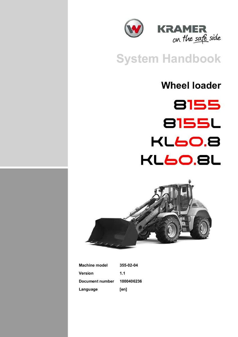 May include: A white and gray System Handbook cover with the Kramer logo and the text "on the safe side." The handbook lists wheel loader models 8155, 8155L, KL60.8, and KL60.8L. A grayscale image of a wheel loader is also present.