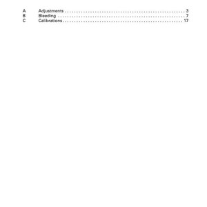 Op de afbeelding: Witte pagina met het Massey Ferguson-logo en de titel "4 - Aanpassingen, ontluchting en kalibraties". De inhoudsopgave vermeldt "Aanpassingen", "Ontluchting" en "Kalibraties" met paginanummers.