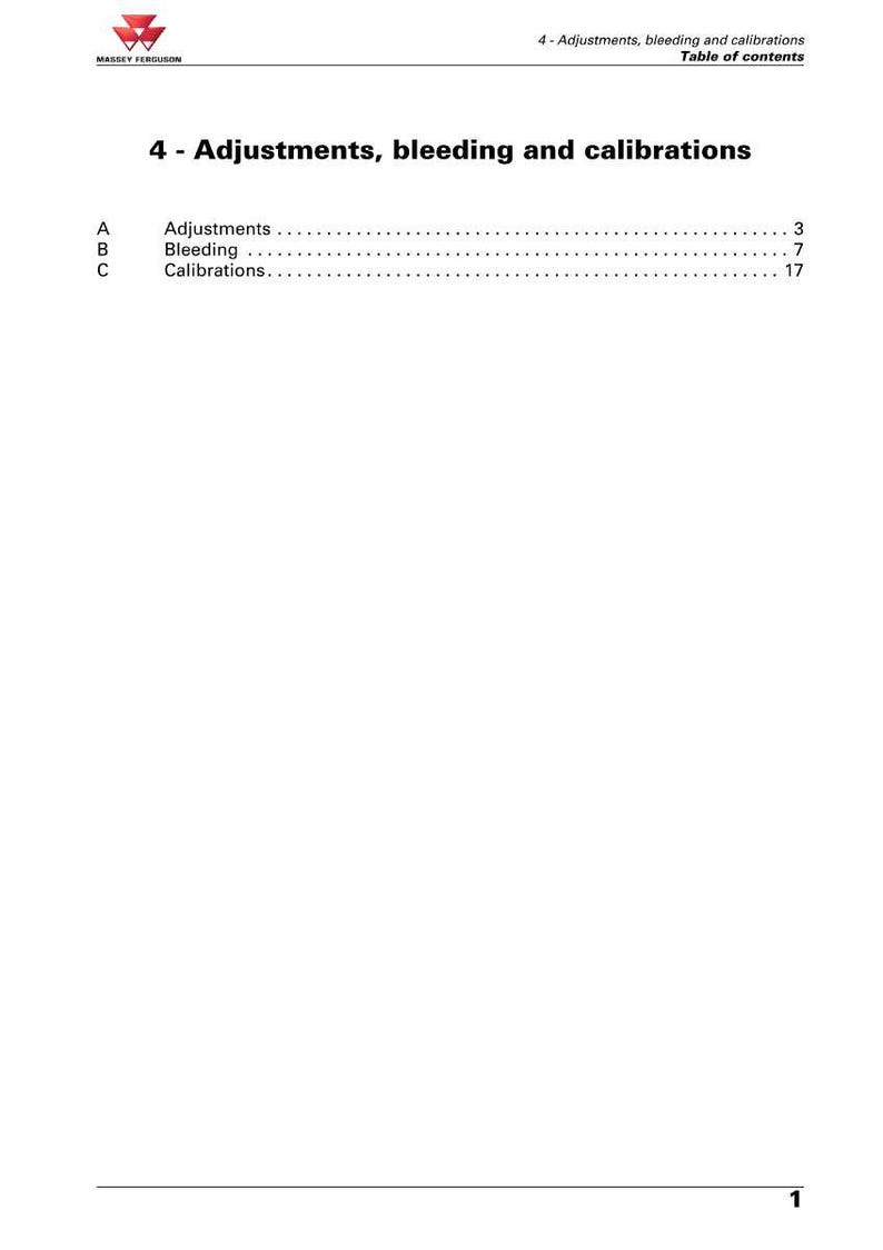 Op de afbeelding: Witte pagina met het Massey Ferguson-logo en de titel "4 - Aanpassingen, ontluchting en kalibraties". De inhoudsopgave vermeldt "Aanpassingen", "Ontluchting" en "Kalibraties" met paginanummers.