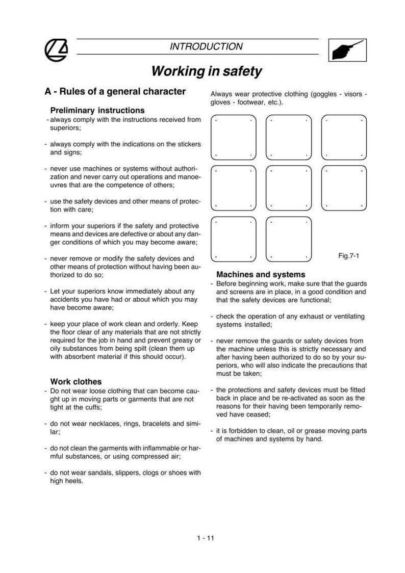 May include: A page from a manual titled "Working in Safety" with text and diagrams. The text includes rules for general character, preliminary instructions, work clothes, and machine safety. The page is white with black text and diagrams.