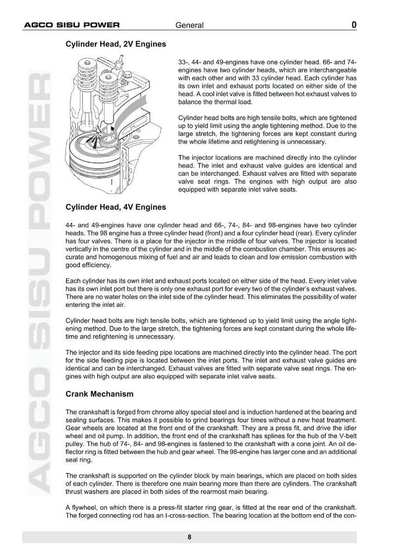 May include: Diagram of a cylinder head from an AGCO SISU POWER engine. The image includes text describing the cylinder head, 2V and 4V engines, and the crank mechanism. The diagram shows the internal components of the engine.