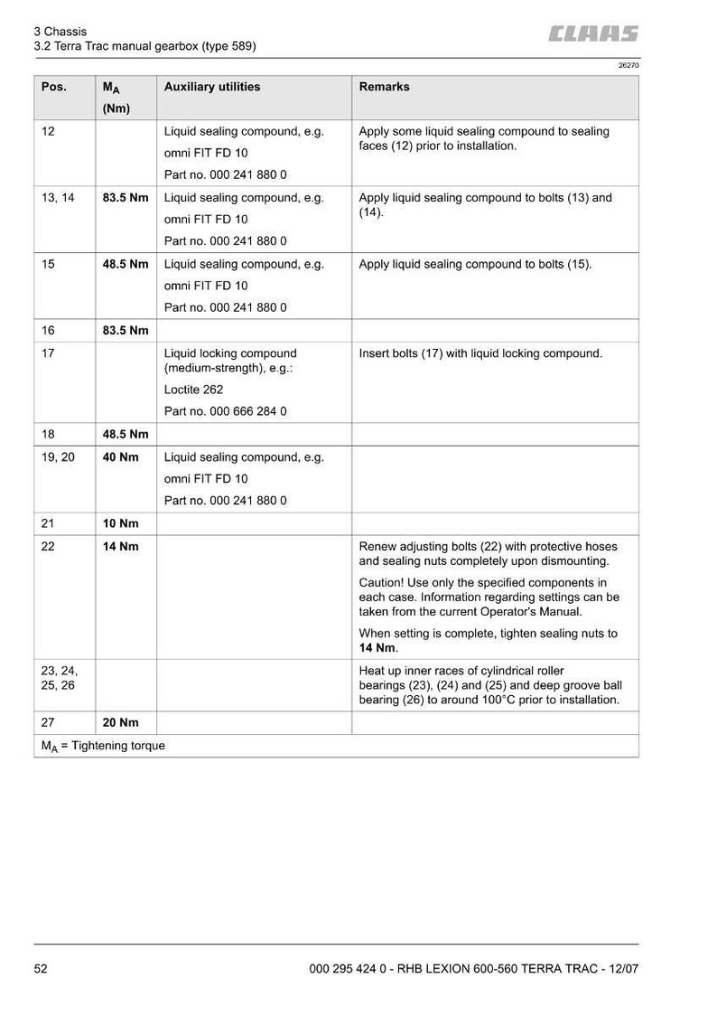 May include: A detailed technical diagram from CLAAS, showing specifications for a Terra Trac manual gearbox. The chart includes torque values in Nm, part numbers, and instructions for applying liquid sealing compound and locking compound.