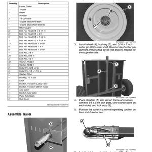 Puede incluir: Diagrama de montaje de un remolque, con una lista de piezas e instrucciones detalladas. Ilustraciones muestran la instalaci&oacute;n de la rueda, la colocaci&oacute;n de la barra de tiro y el montaje del acoplador de enganche. Medidas en pulgadas, con equivalentes m&eacute;tricos.