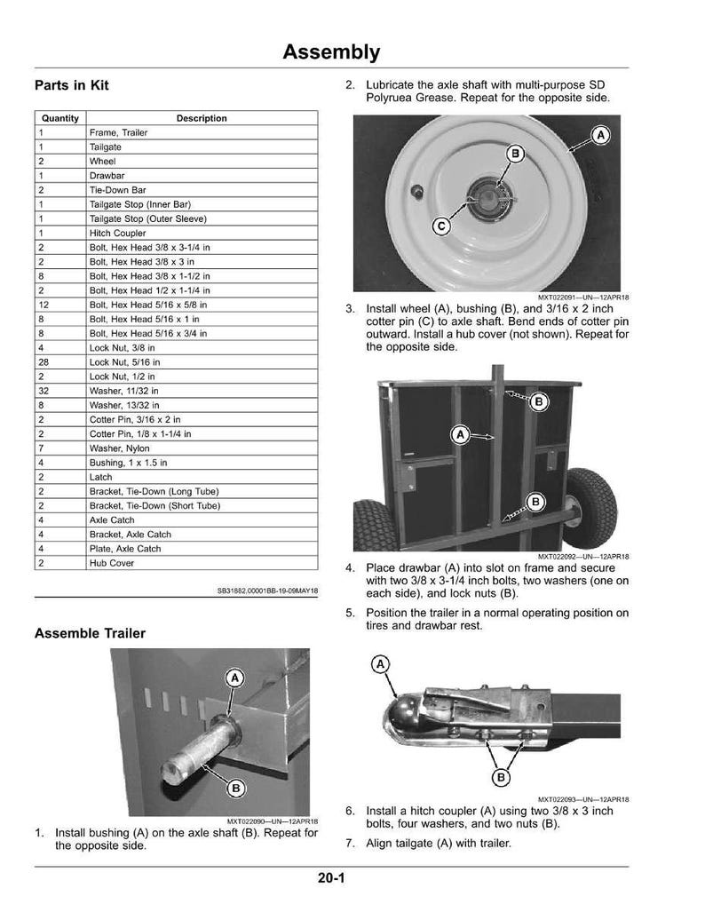 Puede incluir: Diagrama de montaje de un remolque, con una lista de piezas e instrucciones detalladas. Ilustraciones muestran la instalaci&oacute;n de la rueda, la colocaci&oacute;n de la barra de tiro y el montaje del acoplador de enganche. Medidas en pulgadas, con equivalentes m&eacute;tricos.