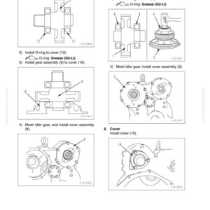 K&ouml;nnte beinhalten: Diagramm der Demontage- und Montageanweisungen f&uuml;r die PTO-Baugruppe. Enth&auml;lt Abbildungen von Deckelbaugruppen, Lagern, Zahnr&auml;dern und O-Ringen. Textbeschriftungen identifizieren jede Komponente und jeden Schritt.