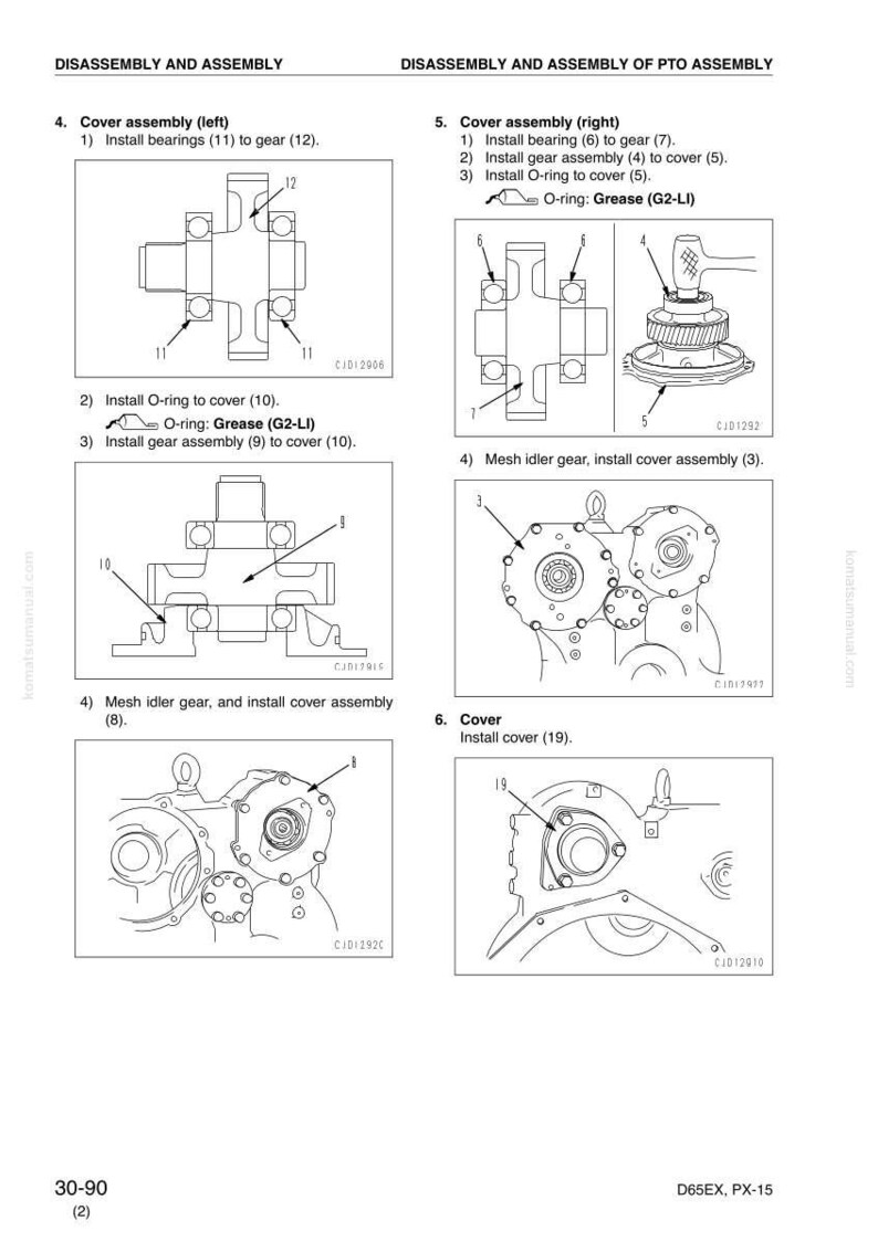 K&ouml;nnte beinhalten: Diagramm der Demontage- und Montageanweisungen f&uuml;r die PTO-Baugruppe. Enth&auml;lt Abbildungen von Deckelbaugruppen, Lagern, Zahnr&auml;dern und O-Ringen. Textbeschriftungen identifizieren jede Komponente und jeden Schritt.