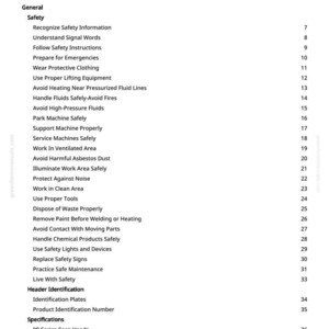 May include: A white page with a black table of contents. The title is "Table of Contents". The list includes safety information, machine maintenance, and specifications for 90 Series Corn Heads.